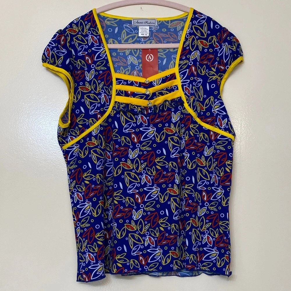 Blue and Yellow Leaf Print Blouse - Picture 1 of 3